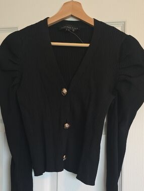 Black Ribbed V-Neck Cardigan with Gold Buttons